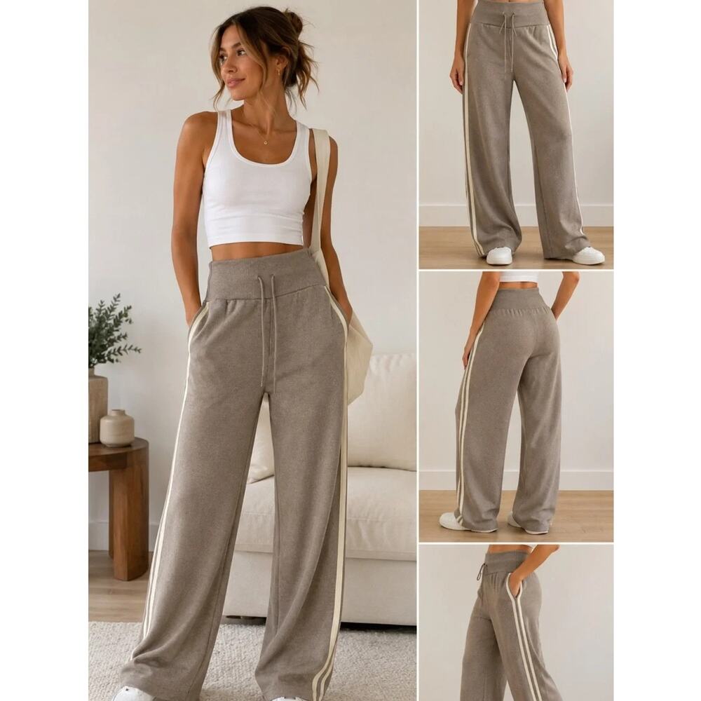 Halara Ribbed High Waisted Tummy Control Drawstring Wide Leg Taupe Trousers L